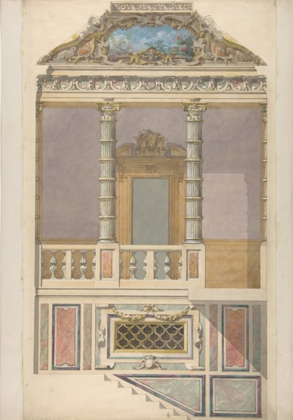 Elevation of an Italianate interior, including steps and an upper loggia decorated in composite columns, 1830-97.