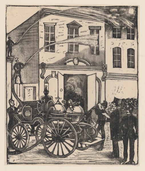 Firefighters putting out a fire in a house, firetruck in foreground, ca. 1880-1910.