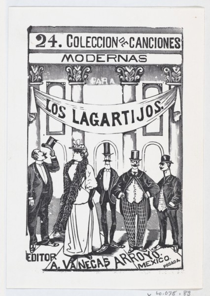 Four men and one woman in fine clothes standing in a line under a banner, illustration for 'Los Lagartijos (The Dandies)', ca. 1880-1910.