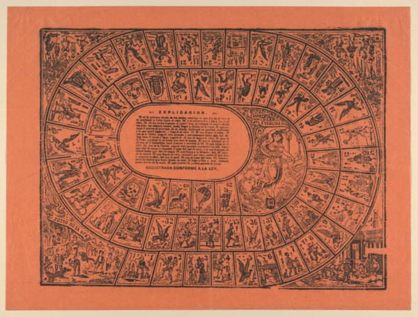 Game of the Goose, with the rules printed in the center, ca. 1900-1910.