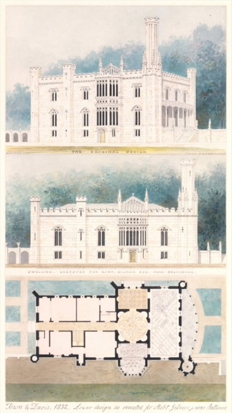 Glen Ellen for Robert Gilmor, Towson, Maryland (perspective, elevation, and plan), 1832.