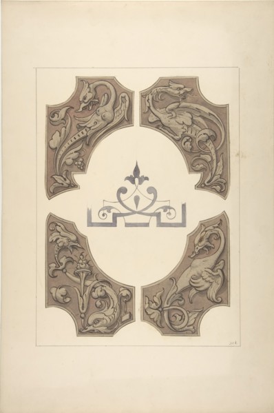 Grotesque designs featuring griffin, birds, and dolphins, 1830-97.
