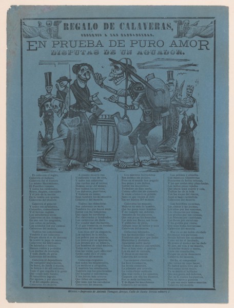 In proof of true love, a watercarrier skeleton arguing with a woman (Posada); two skeleton angels in upper corners (Manilla), ca. 1900-1910.
