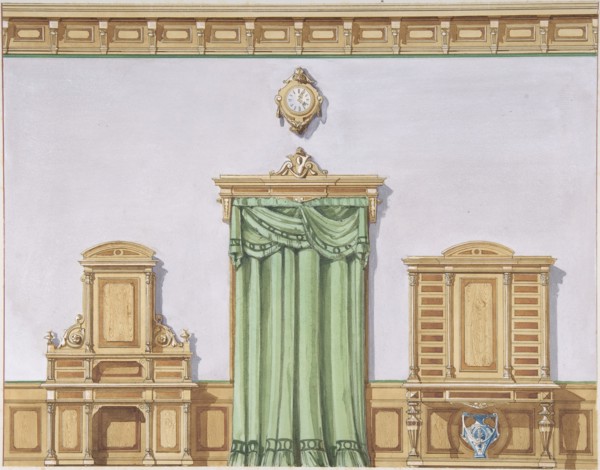 Interior Design with a Central Door Covered by Green Drapery and Two Cabinets, late 19th century (?).
