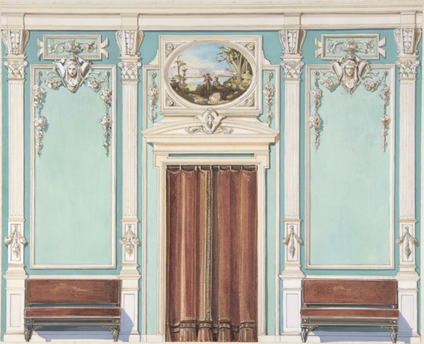 Interior Design with a Central Door with Brown Curtains Flanked by Benches, against an Aquamarine Wall, with an Overdoor Painting, late 19th century (?).