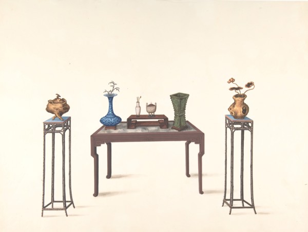 Large Table and Two Small Higher Ones with Vases, 19th century.