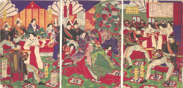 Leaders of the Pacification of the Kagoshima Rebels Celebrating with Cups of Wine from the Emperor (Kagoshima zokuto chinsei ni yotte shosho tenhai chodai no zu), September 20th, 1877.