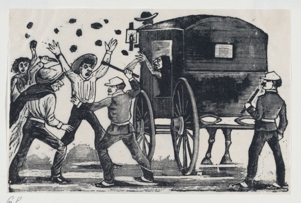 Men fighting near a horse and carriage, ca. 1900-1910.
