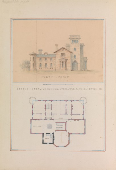 North Front and Second Floor Plan of John Munn House, Utica, New York, 1854.