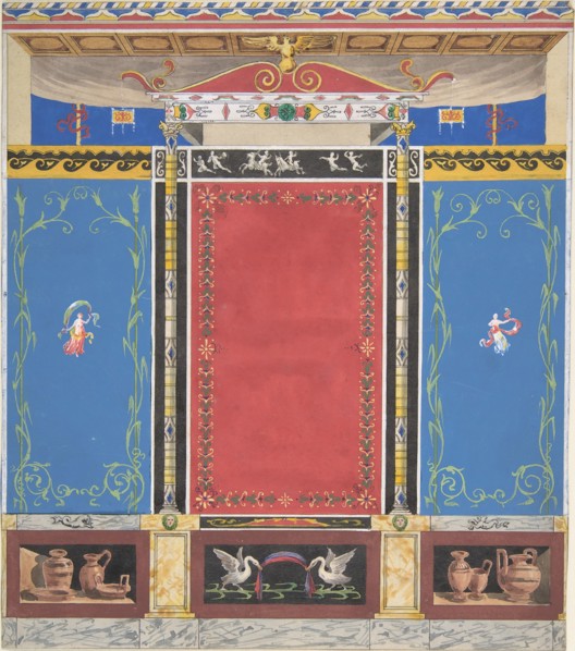 Painted Wall Decor Featuring Thin Column with a Pair of Swans and Trompe L'Oeil Vases at Base, 19th century.