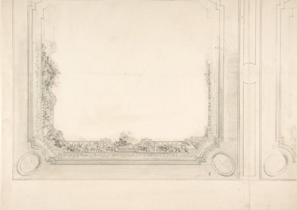 Partial design for a ceiling to be painted with a trompe l'oeil iron railing and roses, second half 19th century.