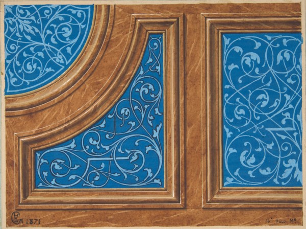 Partial design for wood paneling inlaid with painted panels, 1871.