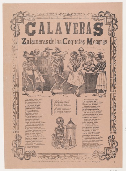 Skeletons (calaveras) dancing and drinking, corrida in bottom section, Ca. 1910.