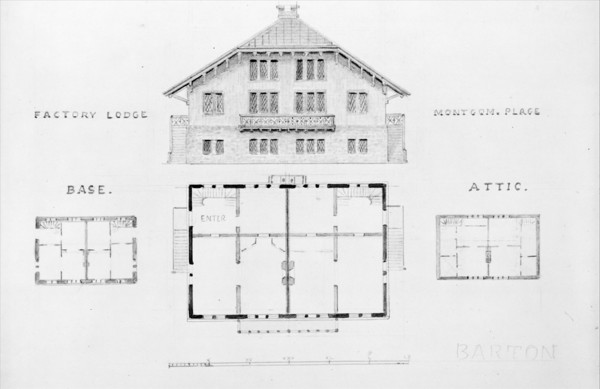 Switz[erland] Cottage (elevation and three plans), and Factory Lodge (elevation and three plans) for Montgomery Place, Annandale-on-Hudson, New York, 1866-67.