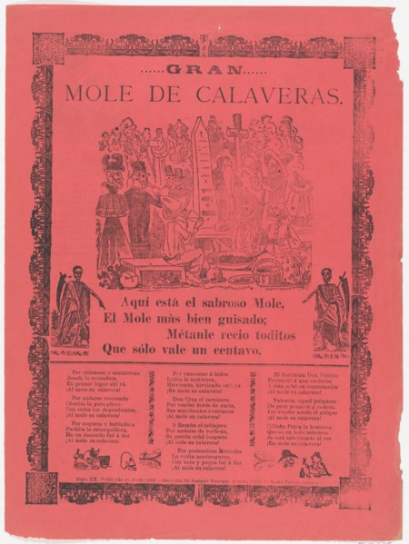 The grand skeleton mole, skeletons eating mole and drinking in a cemetery (Posada); flanked by skeletons holding scythes (Manilla), 1902.