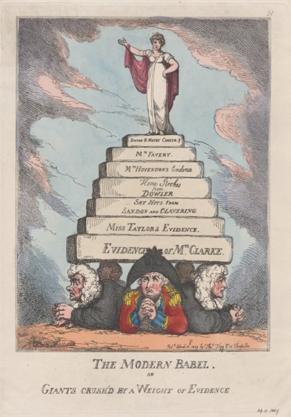 The Modern Babel, or Giants Crushed by a Weight of Evidence, April 11, 1809.