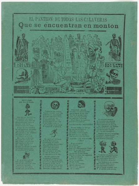 The pantheon of all the skeletons who are eating and drinking in a cemetery (Posada); flanked by skeletons holding scythes (Manilla), 1905.