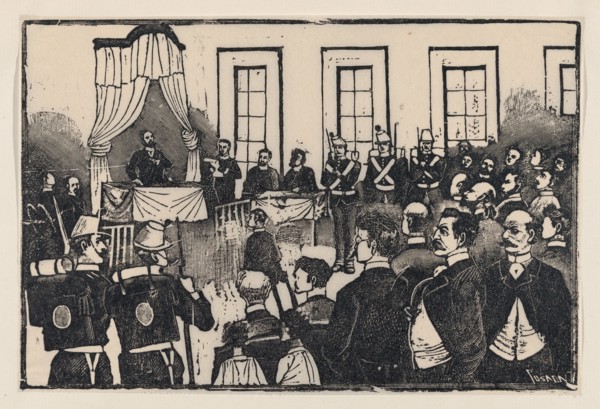 The trial of the killers of Tomas Hernandez Aguirre, [Nevraumont, Treffel, Sousa and Caballero?] from a broadside entitled 'El jurado de los asesinos del Sr. Tomás Hernández Aguirre. Defensa de los re...