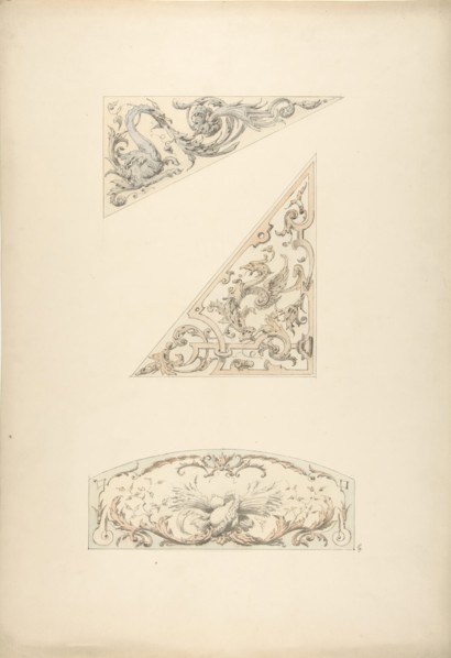 Three designs for painted decorative motifs featuring griffins and scrollwork, 1830-97.