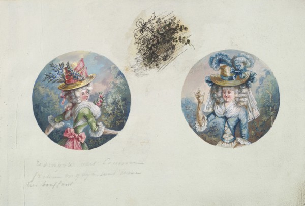 Two Costume Designs or Portrait Types of Two Women with Straw Hats, ca. 1785-90.