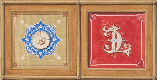 Two alternative designs for the painted decoration of a panel (one with the intertwined initials CL), 19th century.