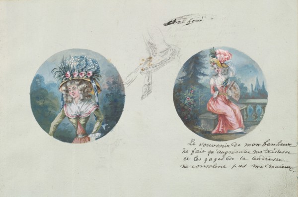 Two Costume Designs or Portrait Types and a Third Costume Sketch, ca. 1785-90.