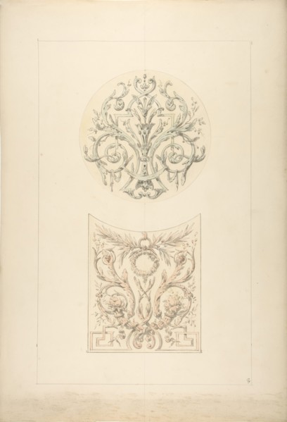 Two designs for decorative motifs featuring cornucopia and rinceaux, 1830-97.