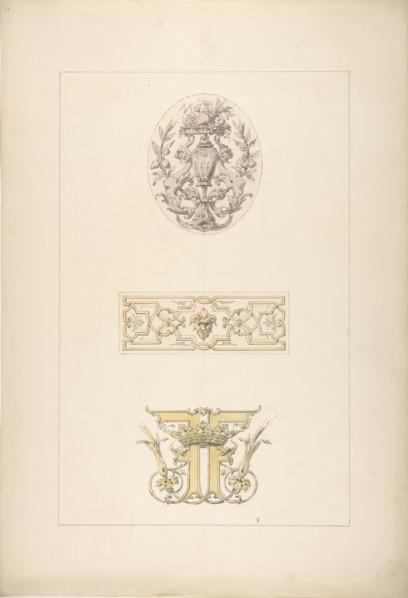 Two designs for decorative panels and one design for an ornamental monogram with a crown and the initials: FF, 1830-97.