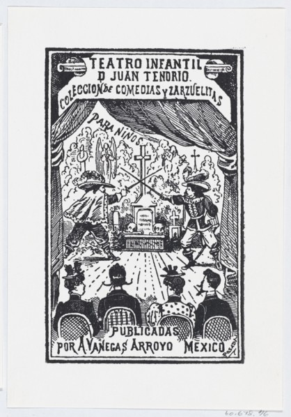Two men dueling on a stage in front of an audience, illustration for 'Teatro Infantil de Juan Tenorio,' published by Antonio Vanegas Arroyo, ca. 1880-1910.