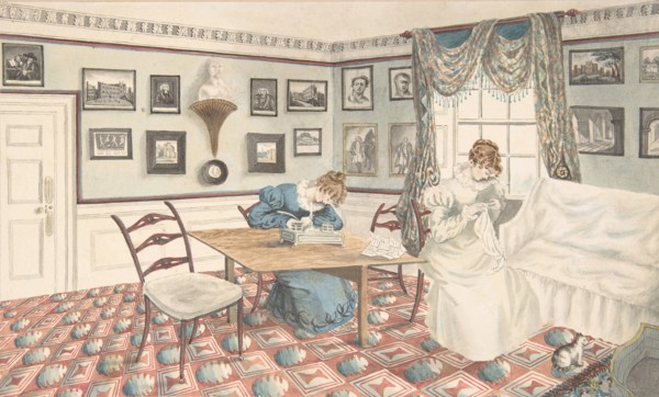 Two young women writing and sewing in an interior at Hatton, Warwickshire, 1820-30.