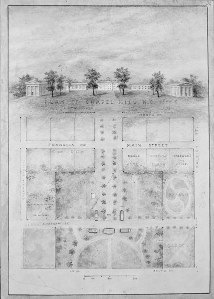 University of North Carolina, Chapel Hill (distant perspective and plan of grounds), 1850-58.