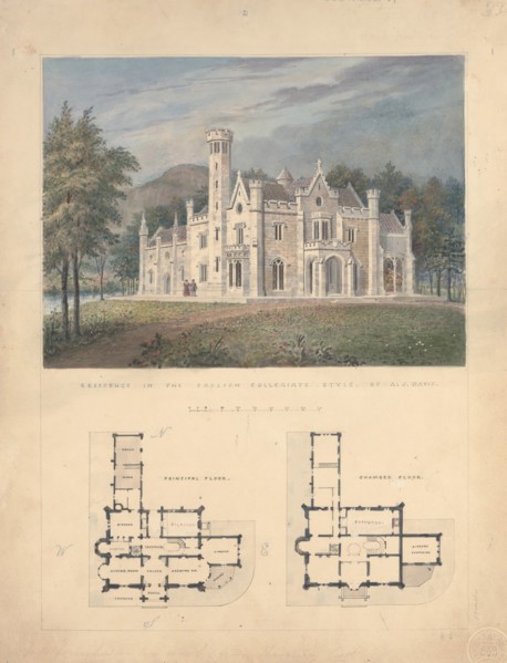 Villa for Robert Donaldson, Fishkill Landing, New York (perspective and plans), 1834.