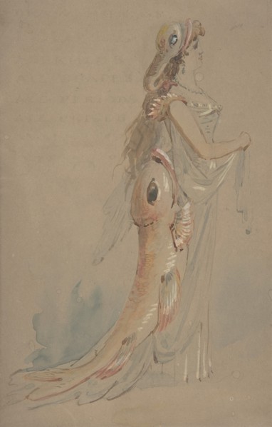 Woman Wearing a Costume Whose Bustle and Headdress are the Shape of Fishes, second half 19th century.