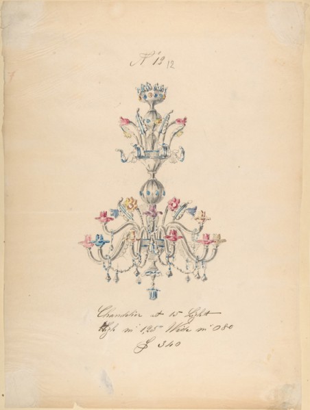 One of Twenty-Three Sheets of Drawings of Glassware (Mirrors, Chandeliers, Goblets, etc.), 1850-80.