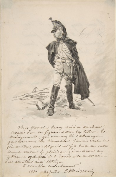 Letter to Samuel P. Avery with a drawing of a military figure, 1880.