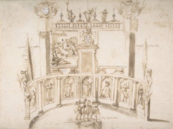 Design for a Garden Fête with a Semi-circular Wall and Statues in Niches., ca. 1635-79.