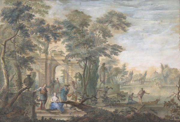 Arcadian Landscape with several Figures and a Statue of Diana, 18th century.