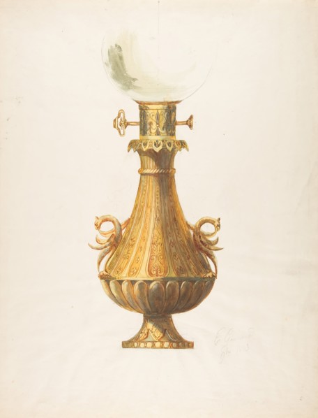Design for a Gas Lamp with Gilt Base and Glass Globe, 19th century.