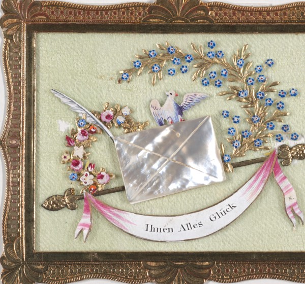 Greeting Card: gold framed collage on silk, a gold rod with doves, an envelope made of mother-of-pearl, and a writing plume; gouache, metallic paint, metallic foil, embossed and punched paper, and car...