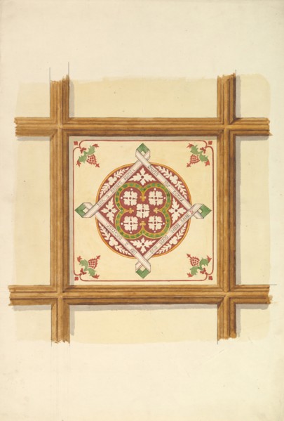 Design for a Coffered and Painted Ceiling in Rust and Olive Green, with a Quatrefoil Motif, 19th century.