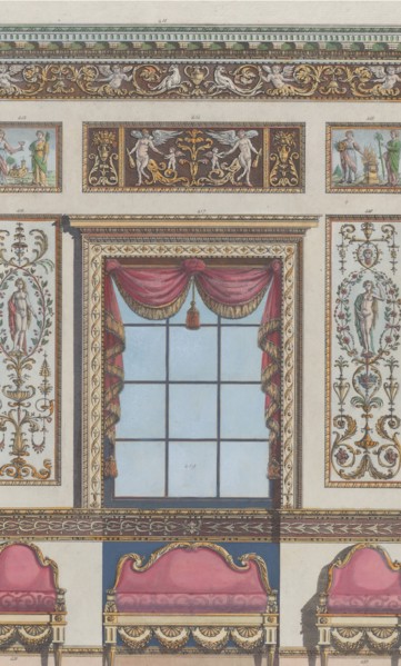Interior Ornamented Wall with Window and Furniture, nos. 411-424 ("Designs for Various Ornaments," pl. 64), February 15, 1792.