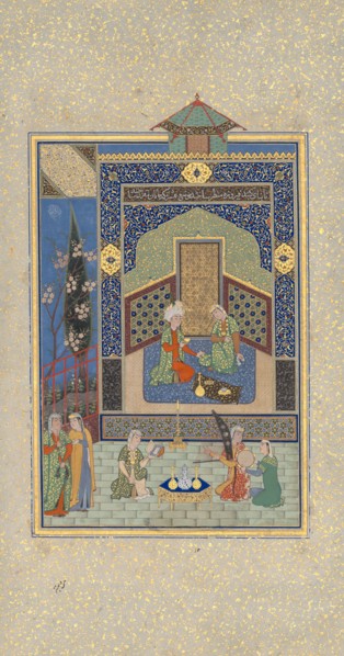 Bahram Gur in the Turquoise Palace on Wednesday, Folio 216 from a Khamsa (Quintet) of Nizami, dated A.H. 931/A.D. 1524-25.