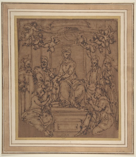 Virgin and Child Enthroned with Saint Anthony Abbot, Saint Peter, Saint Paul, Saint Julian the Hospitaler, Saint Roch, and Saint Mary Magdalen?, 1522-23.