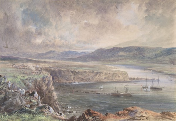 Foilhummerum Bay, Valentia, Looking from Cromwell Fort: The Caroline and Boats Laying the Earth Wire, July 21st, 1865, 1865-66.