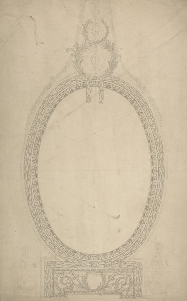 Design for a Girandole Mirror, an Oval Resting on an Oblong Base, Terminated by Two Superimposed Circular Frond-motifs, Topped with a Lion's Head from Which Hang Floral Swags and Pendants, ca. 1775.