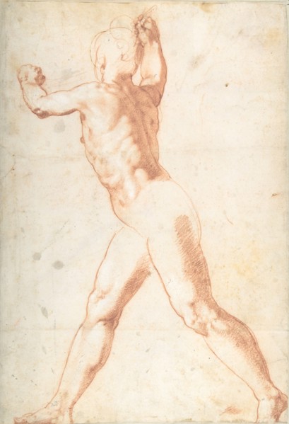 Standing Nude Man (recto); Three Studies of Soldiers (verso), 1550.