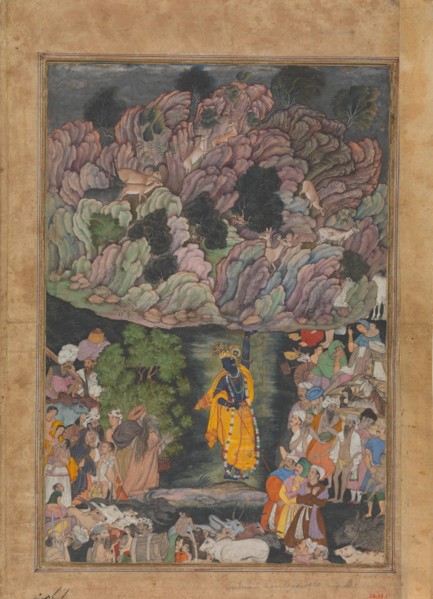 Krishna Holds Up Mount Govardhan to Shelter the Villagers of Braj, Folio from a Harivamsa (The Legend of Hari (Krishna)), ca. 1590-95.