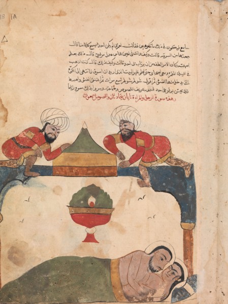 The Thieves on the Roof Awaken the Merchant", Folio from a Kalila wa Dimna, 18th century.