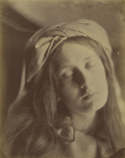 Beatrice, 1866. The model (May Prinsep) has her hair loose with a turban at the top of her head. Cameron based the model?s pose, drapery and sad expression on a painting attributed to Guido Reni that ...