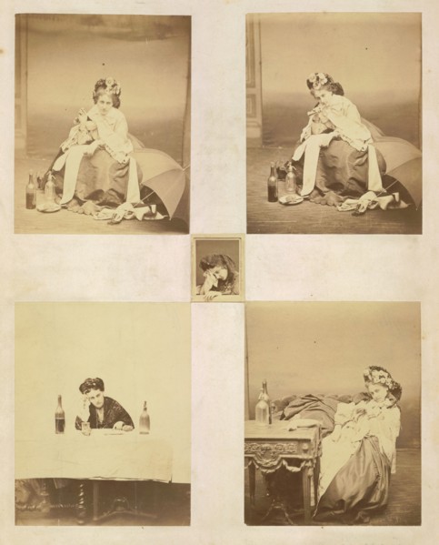 [Album page with ten photographs of La Comtesse mounted recto and verso], 1861-67. Top left: [La Comtesse with Horn, Umbrella and Bottles]; top right: [La Comtesse Blowing Horn]; center: [La Comtesse ...